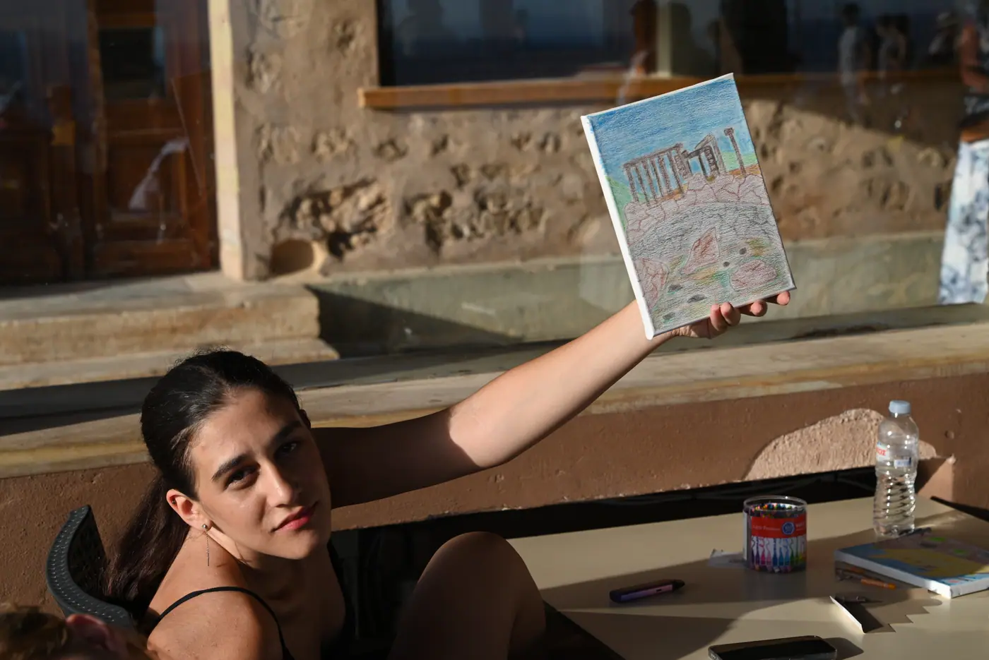 Day 7 in Sounio, where participants painted personal interpretations of the Temple of Poseidon on individual canvases. Photo 12 of 52.