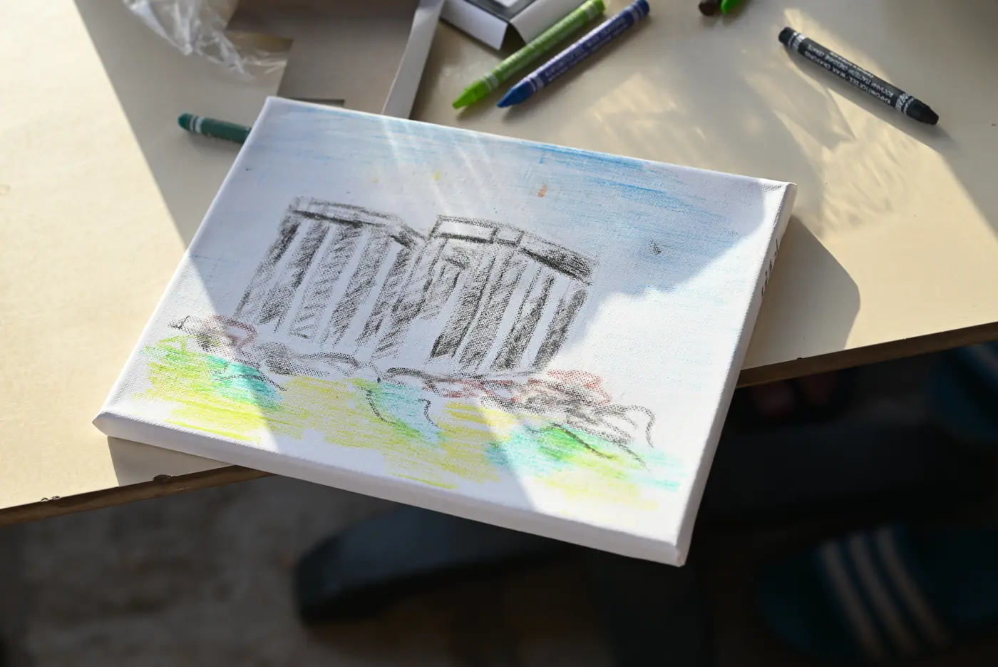 Day 7 in Sounio, where participants painted personal interpretations of the Temple of Poseidon on individual canvases. Photo 16 of 52.