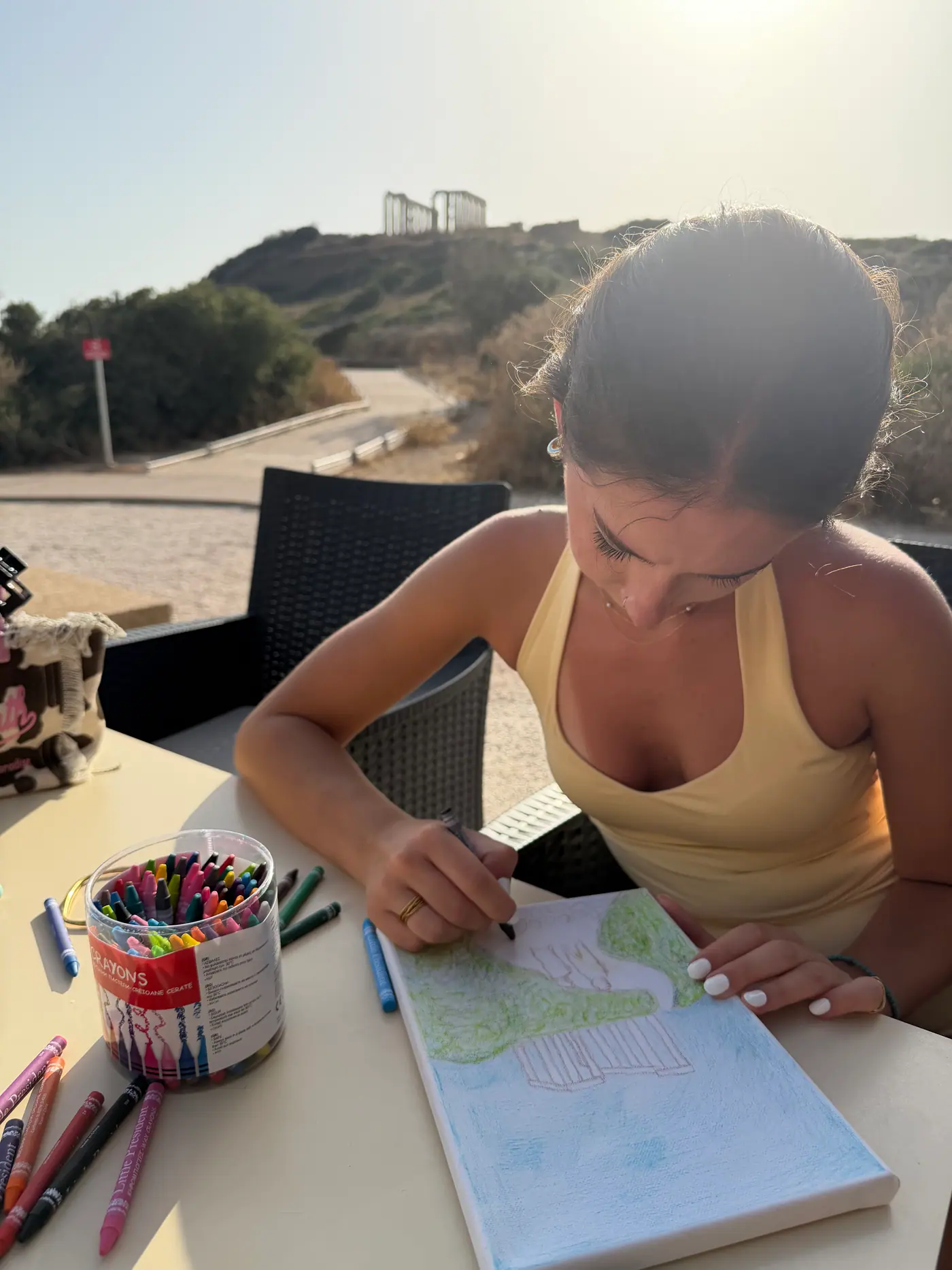 Day 7 in Sounio, where participants painted personal interpretations of the Temple of Poseidon on individual canvases. Photo 40 of 52.